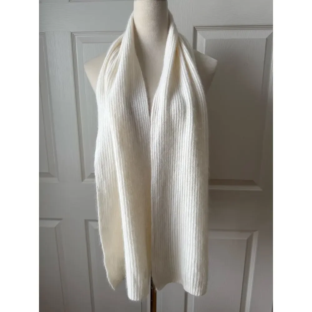 Vintage 80s Angora Lambswool Knit Scarf Ivory White Cream Minimal Soft Luxury